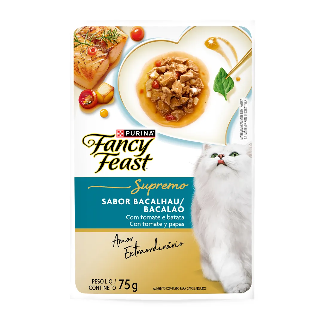 Embalagem de Purina Fancy Feast Supremo Bacalhau