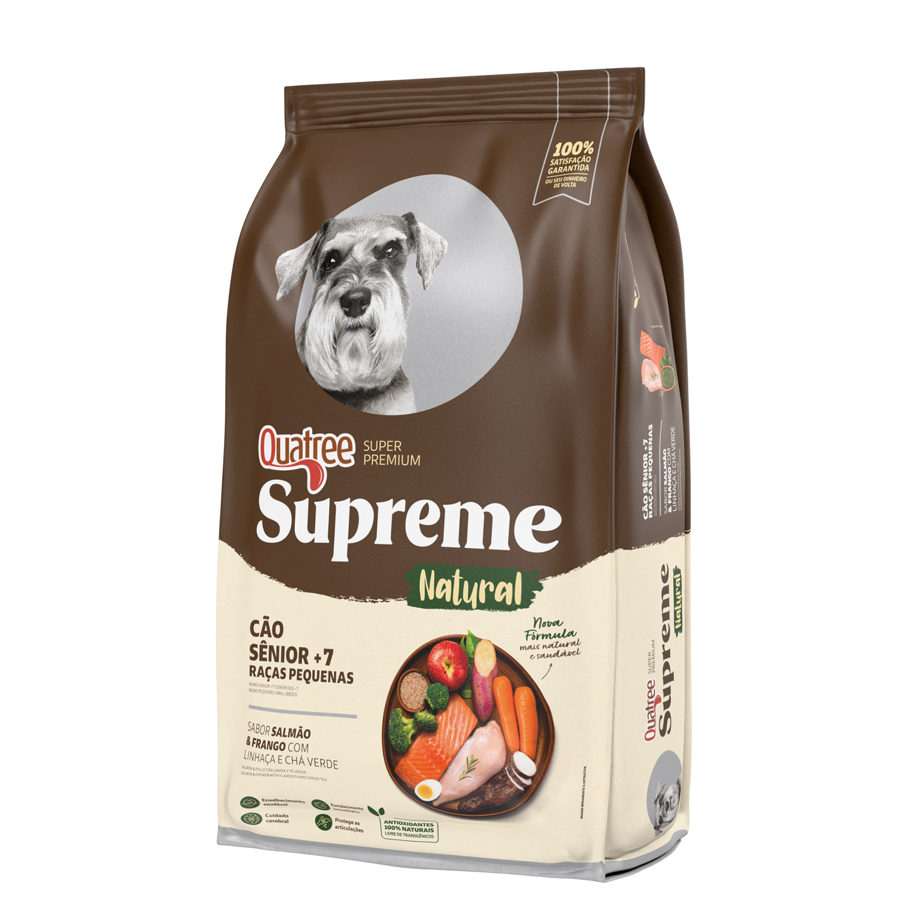 Embalagem de Quatree Supreme Cão Sênior +7 Raças Pequenas Salmão e Frango com Linhaça e Chá Verde