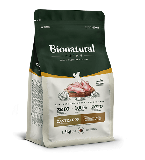 Embalagem de Bionatural Prime Gatos Castrados Frango