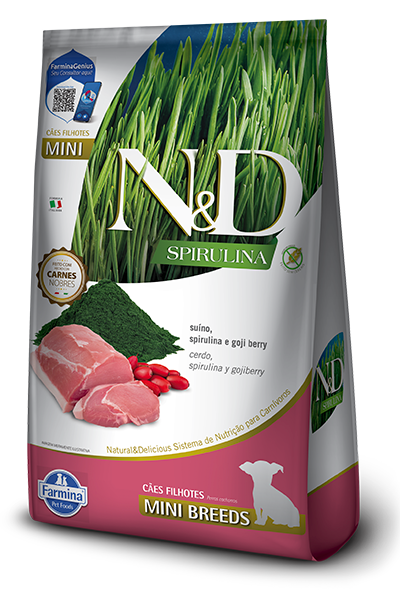 Embalagem de N&D Spirulina canine Suíno, Spirulina e Goji Berry Puppy Mini