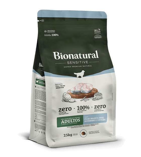 Embalagem de Bionatural Sensitive Cães Raças Medias e Grandes Adultos Sabor Peixe Branco