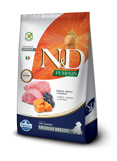 Embalagem de N&D Pumpkin Canine Cordeiro, abóbora e blueberry Puppy Medium