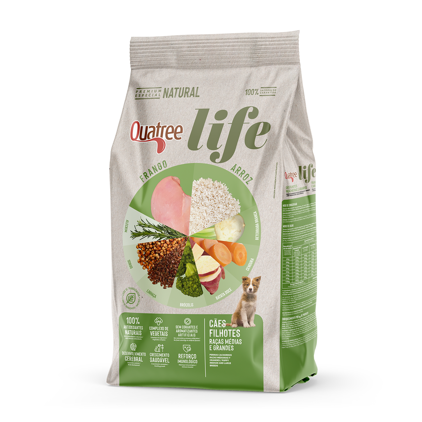 Embalagem de Quatree Life Filhotes Raças Médias e Grandes Frango e Arroz