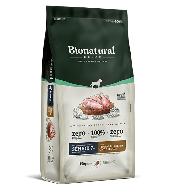 Embalagem de Bionatural Prime Cães Raças Médias e Grandes Sênior 7+ Frango