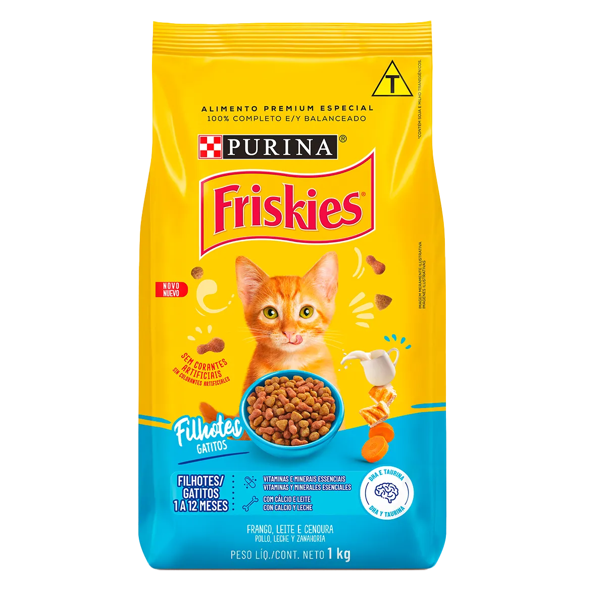 Embalagem de Purina Friskies Gatos Filhotes Frango e Leite