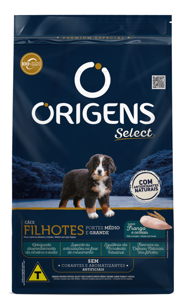 Embalagem de Origens Premium Especial Select Cães Filhotes Portes Médio e Grande Sabor Frango e Cereais