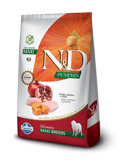 Embalagem de N&D Pumpkin Canine Frango, abóbora e romã Adult Maxi