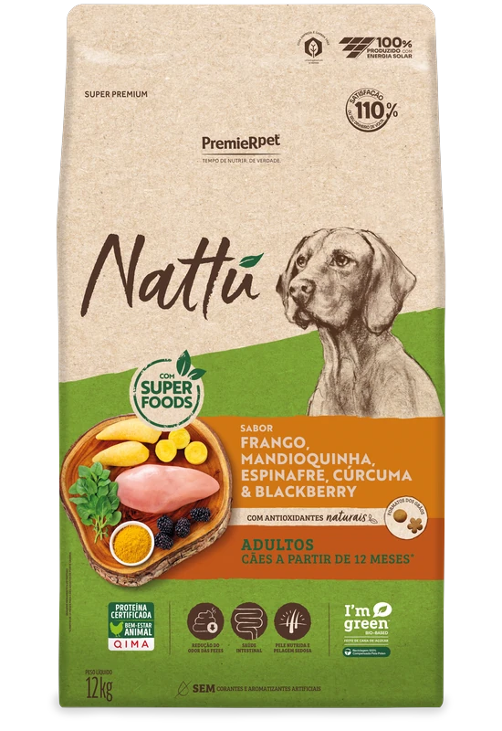 Embalagem de PremieR Nattu Cães Adultos Frango, Mandioquinha, Espinafre, Cúrcuma & Blackberry