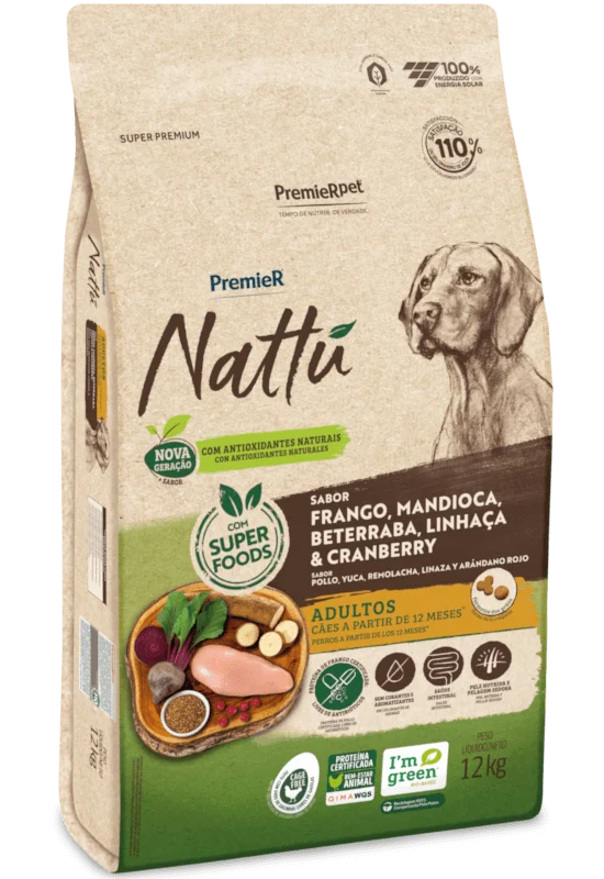 Embalagem de PremieR Nattu Cães Adultos Frango, Mandioca, Beterraba, Linhaça & Cranberry