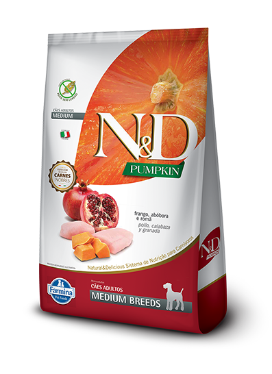 Embalagem de N&D Pumpkin Canine Frango, abóbora e romã Adult Medium