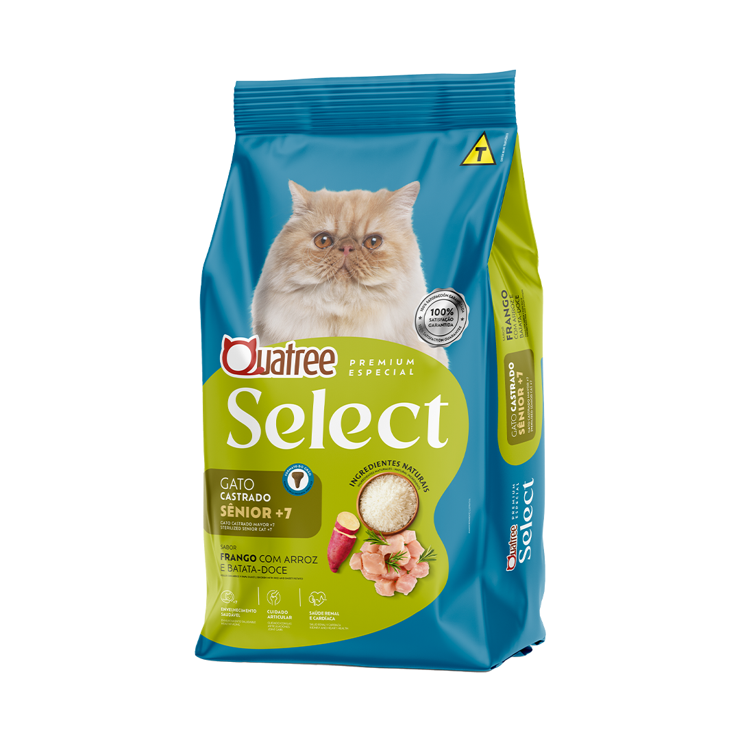 Embalagem de Quatree Select Gato Castrado Sênior +7 Frango com Arroz e Batata-doce