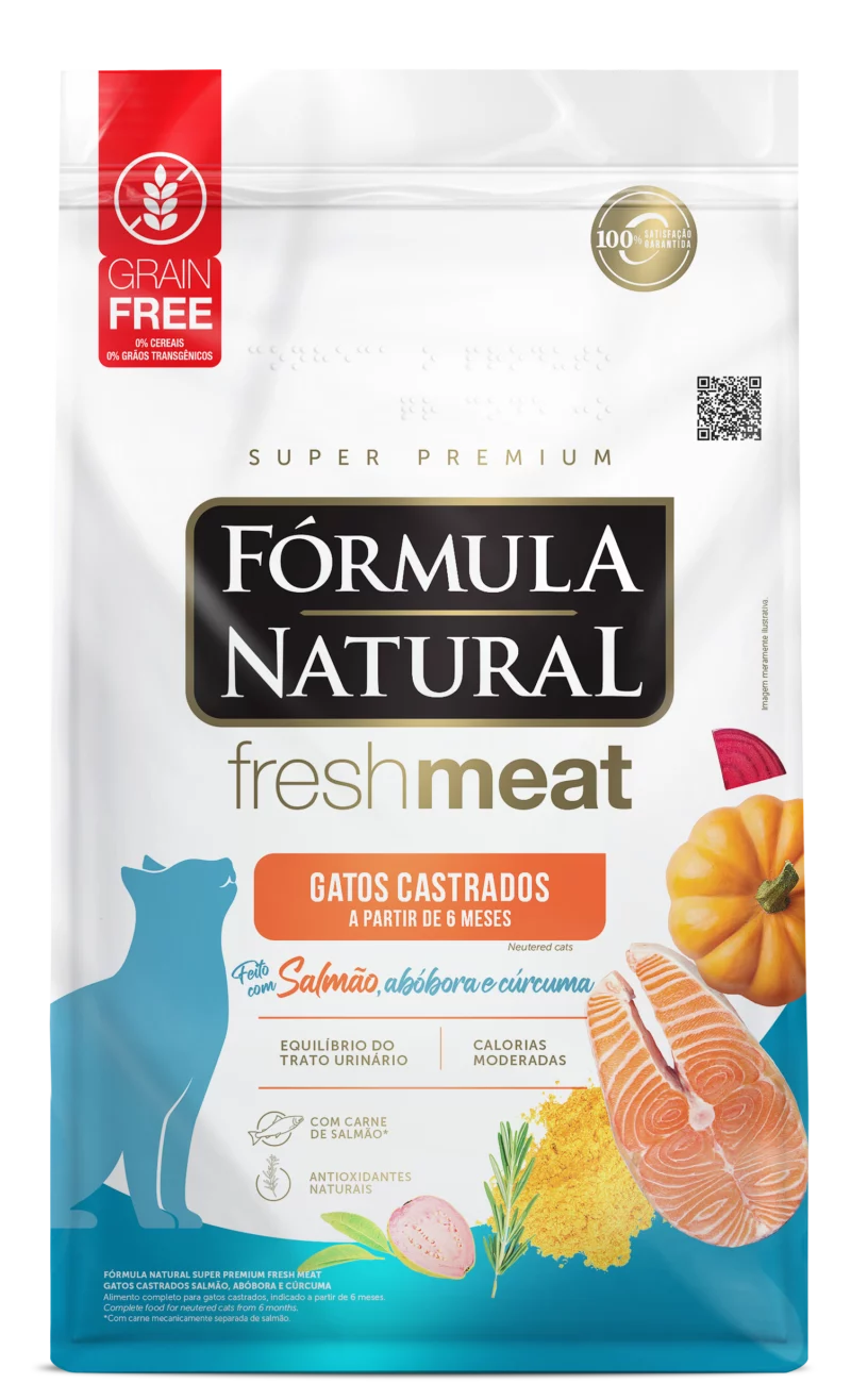 Embalagem de Fórmula Natural Fresh Meat Gatos Castrados Salmão, Abóbora e Cúrcuma