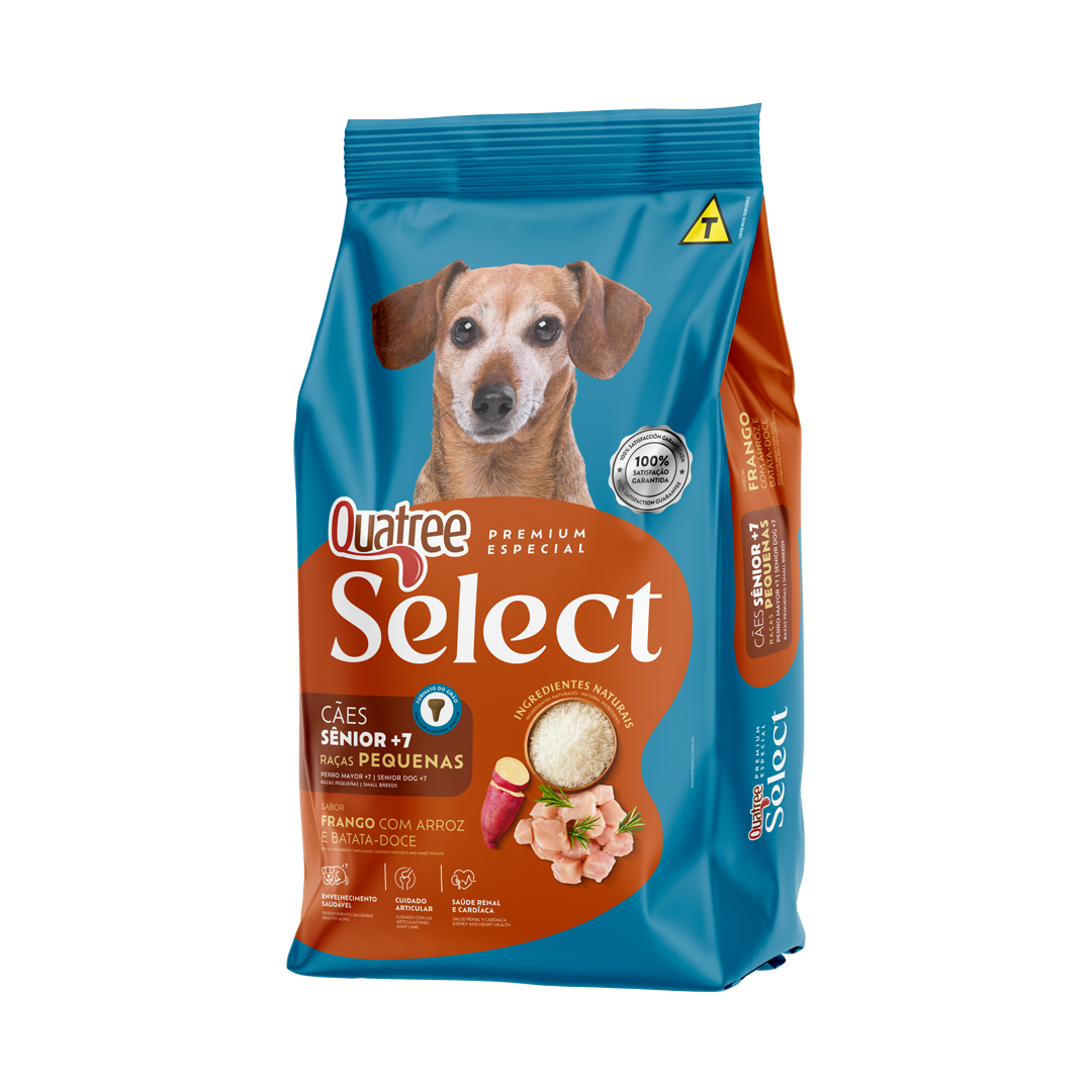 Embalagem de Quatree Select Sênior +7 Raças Pequenas Frango com Arroz e Batata-doce