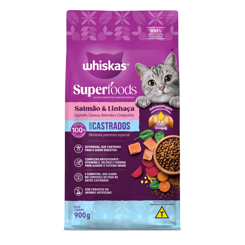 Embalagem de Whiskas Superfoods Salmão e Linhaça Gatos Adultos Castrados