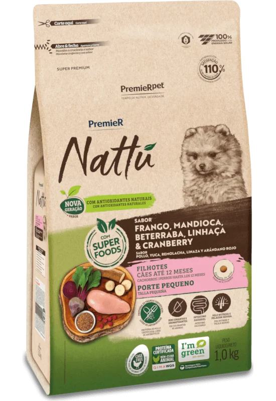 Embalagem de PremieR Nattu Cães Filhotes Porte Pequeno Frango, Mandioca, Beterraba, Linhaça e Cranberry