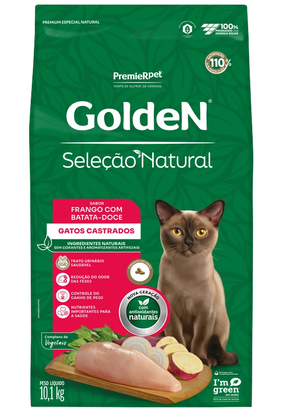 Embalagem de GoldeN Seleção Natural Gatos Castrados Frango com Batata Doce