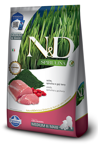 Embalagem de N&D Spirulina canine Suíno, Spirulina e Goji Berry Puppy Medium & Maxi