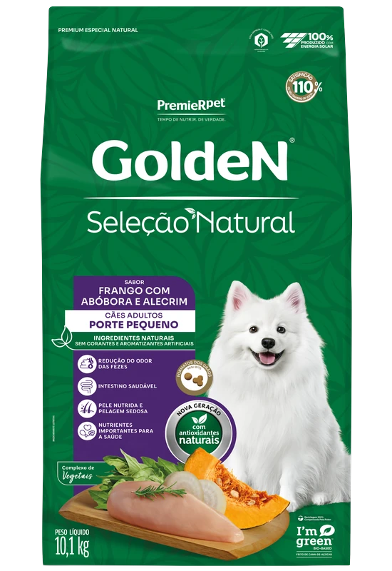 Embalagem de GoldeN Seleção Natural Cães Adultos Porte Pequeno Frango, Abóbora e Alecrim