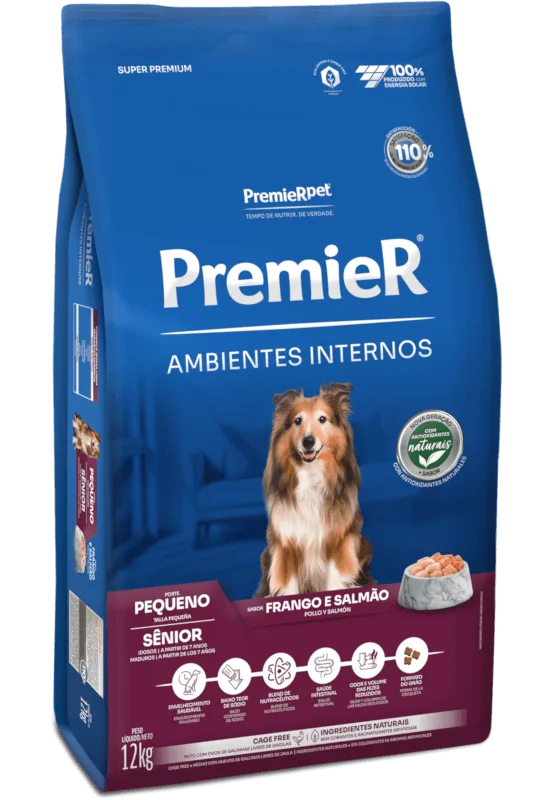 Embalagem de PremieR Ambientes Internos Cães Adultos Porte Pequeno Frango e Salmão Senior