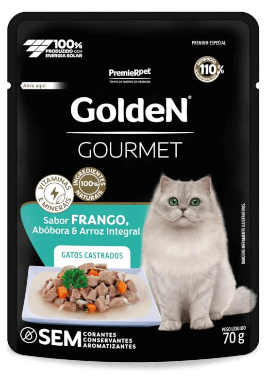 Embalagem de GoldeN Gourmet Gatos Castrados Frango, Abóbora e Arroz Integral