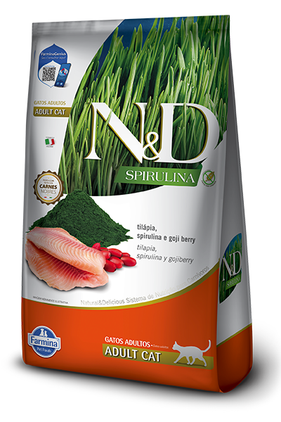 Embalagem de N&D Spirulina feline Tilápia, Spirulina e Goji Berry Adult