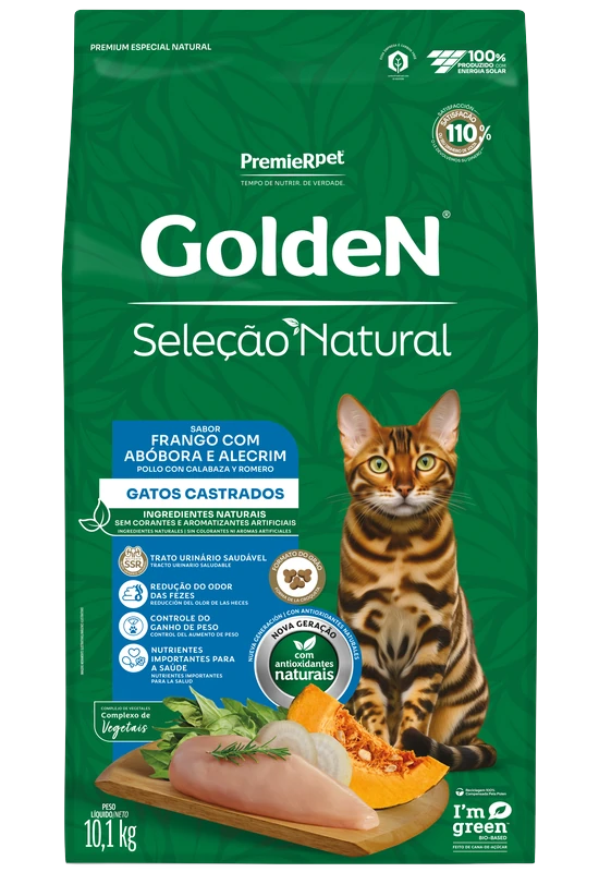 Embalagem de GoldeN Seleção Natural Gatos Castrados Frango com Abóbora & Alecrim