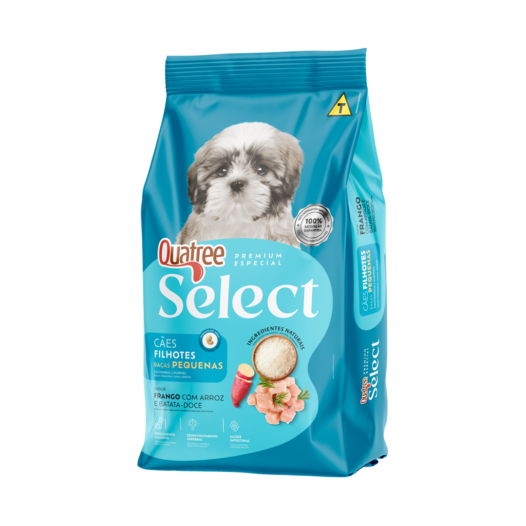 Embalagem de Quatree Select Cães Filhotes Raças Pequenas Frango com Arroz e Batata-doce