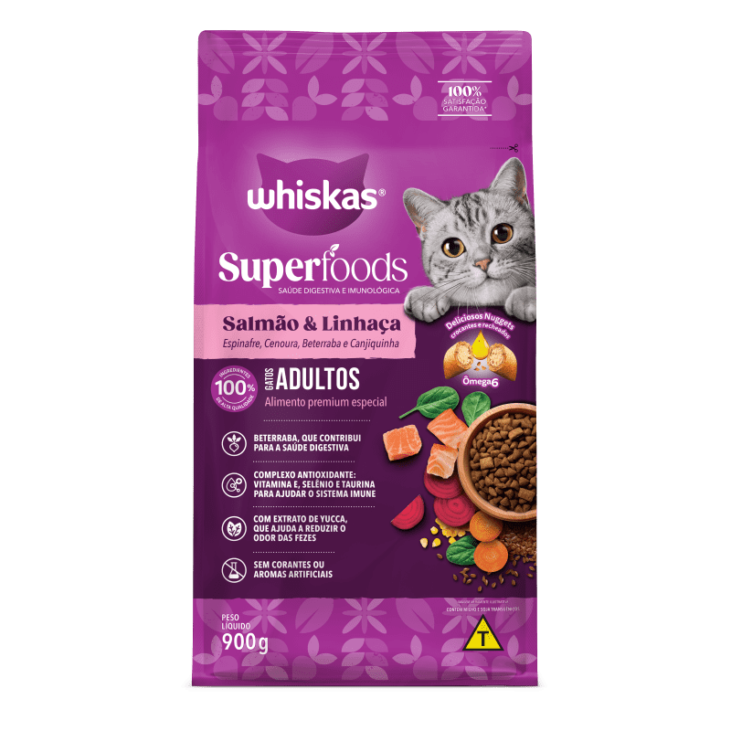 Embalagem de Whiskas Superfoods Salmão e Linhaça Gatos Adultos