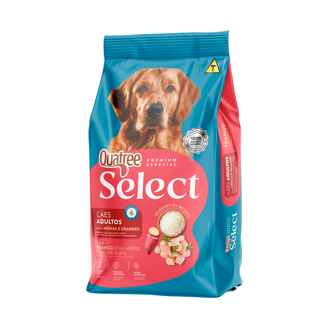 Embalagem de Quatree Select Cães Adultos Raças Médias e Grandes Frango com Arroz e Batata-doce