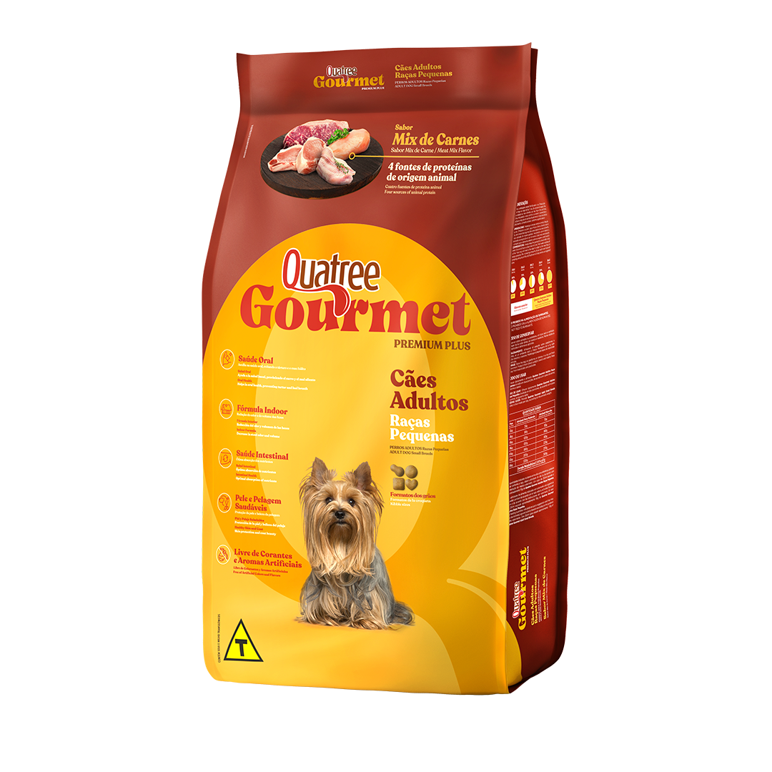 Embalagem de Quatree Gourmet Adultos Raças Pequenas Mix de Carnes