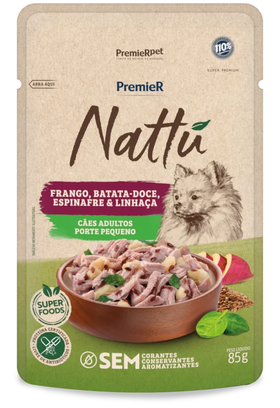 Embalagem de PremieR Nattu Úmidos Cães Adultos Porte Pequeno Frango, Batata-doce, Espinafre e Linhaça