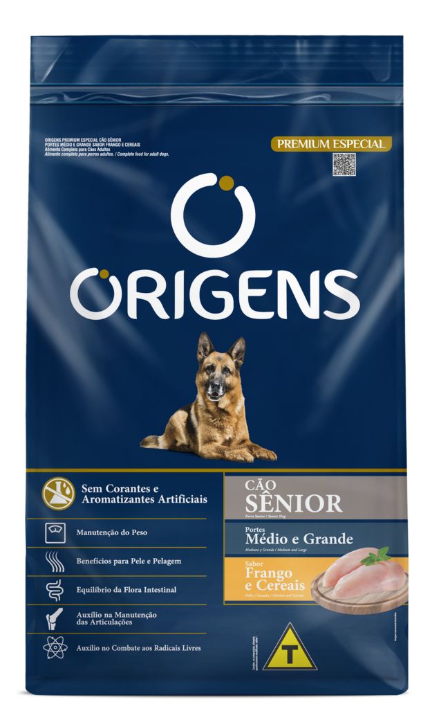 Embalagem de Origens Premium Especial Cães Sênior Portes Médio e Grande Sabor Frango e Cereais