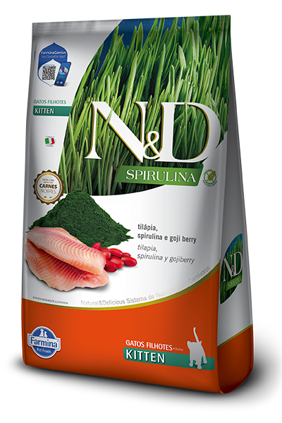 Embalagem de N&D Spirulina feline Tilápia, Spirulina e Goji Berry Kitten
