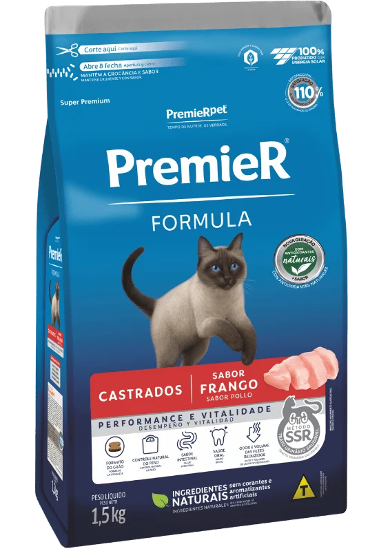 Embalagem de PremieR Formula Gatos Castrados Frango
