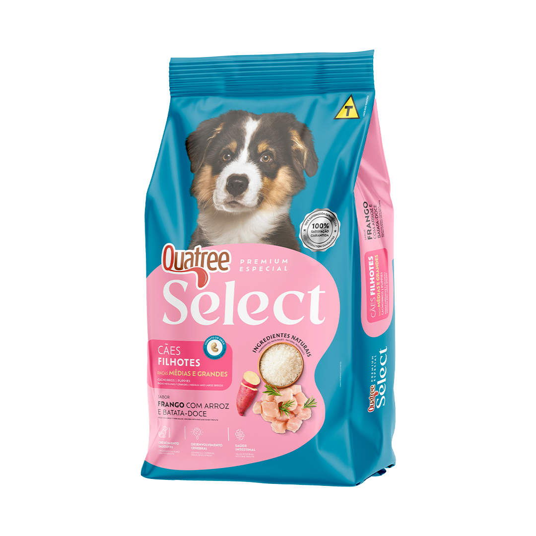 Embalagem de Quatree Select Cães Filhotes Raças Médias e Grandes Frango com Arroz e Batata-doce