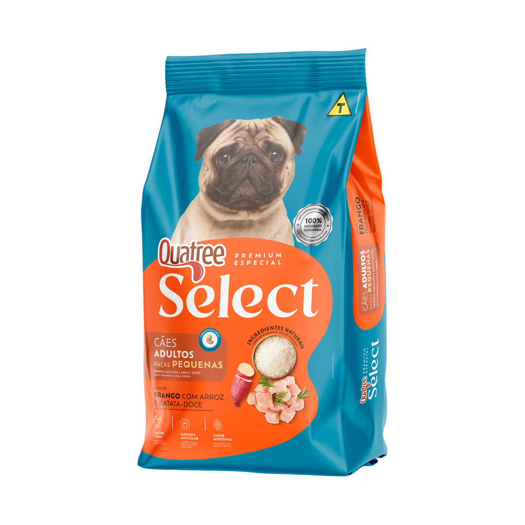Embalagem de Quatree Select Cães Adultos Raças Pequenas Frango com Arroz e Batata-doce
