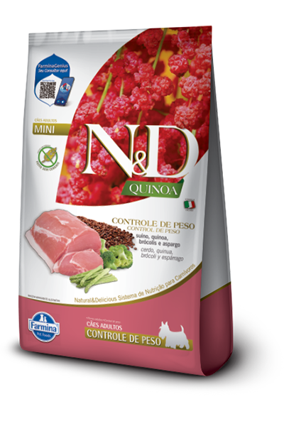 Embalagem de N&D Quinoa Canine Controle de Peso Adulto Mini Suíno
