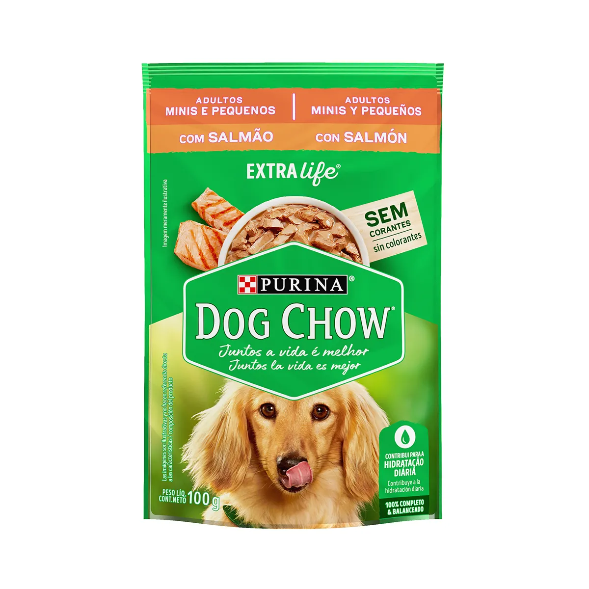 Embalagem de Dog Chow Extralife Cães Adultos Minis e Pequenos Sabor Salmão (Sachê)