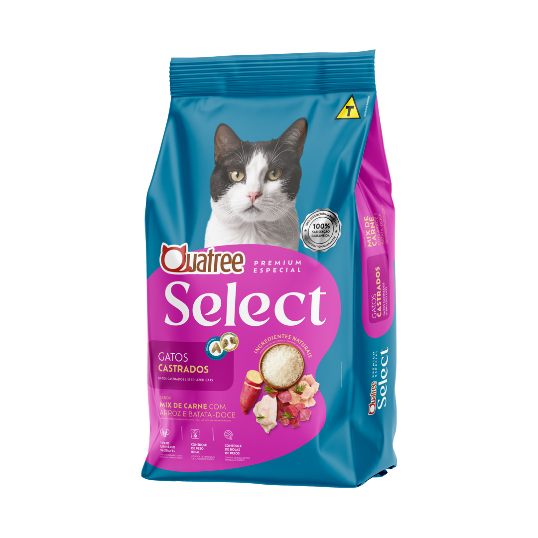 Embalagem de Quatree Select Gatos Castrados Mix de Carnes com Arroz e Batata-doce