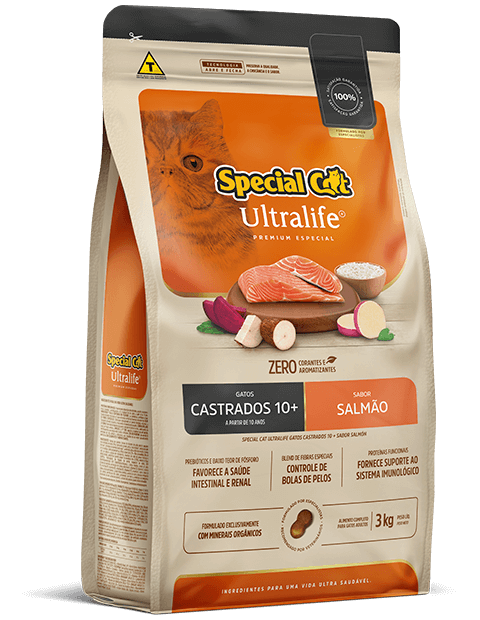 Embalagem de Special Cat Ultralife Gatos Castrados 10+ Sabor Salmão
