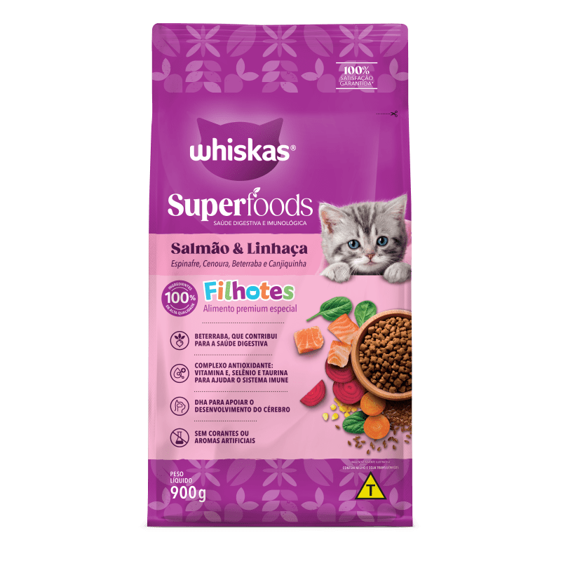 Embalagem de Whiskas Superfoods Salmão e Linhaça Gatos Filhotes