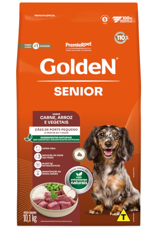 Embalagem de GoldeN Formula Cães Seniores Porte Pequeno Carne e Arroz
