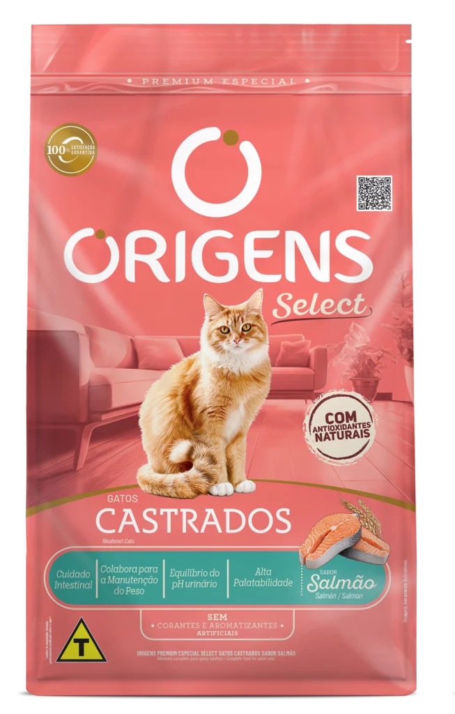 Embalagem de Origens Premium Especial Select Gatos Castrados Sabor Salmão
