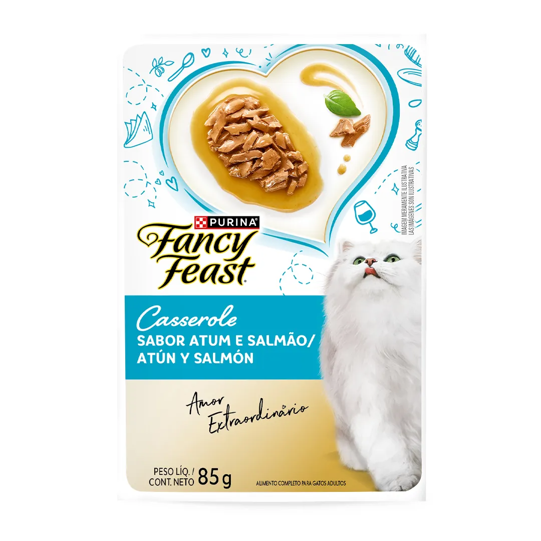Embalagem de Purina Fancy Feast Casserole Atum e Salmão