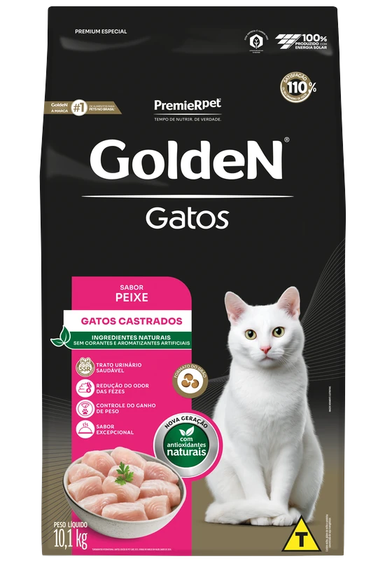 Embalagem de GoldeN Gatos Castrados Sabor Peixe