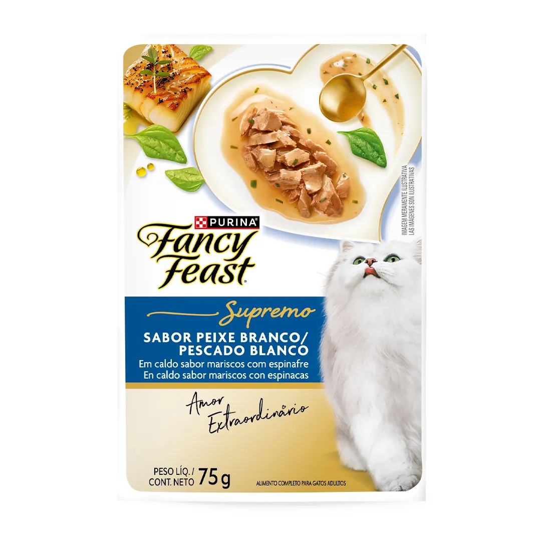 Embalagem de Purina Fancy Feast Supremo Peixe Branco