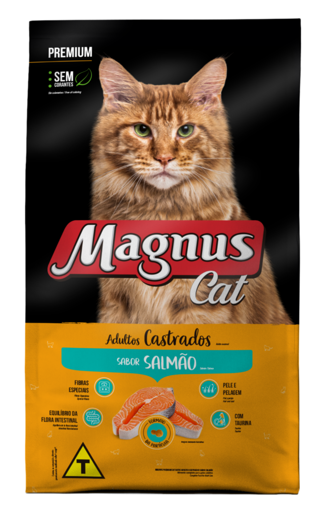 Embalagem de Magnus Cat Premium Gatos Adultos Castrados Salmão