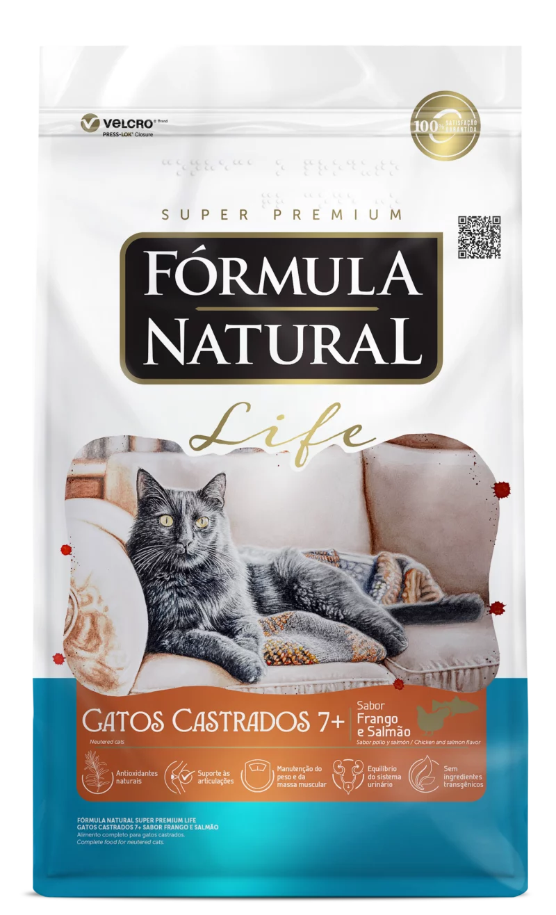 Embalagem de Fórmula Natural Super Premium Life Gatos Castrados 7+ Sabor Frango e Salmão