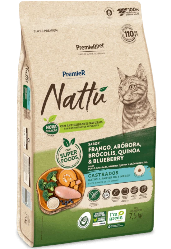Embalagem de PremieR Nattu Gatos Castrados Frango, Abóbora, Brócolis, Quinoa & Blueberry