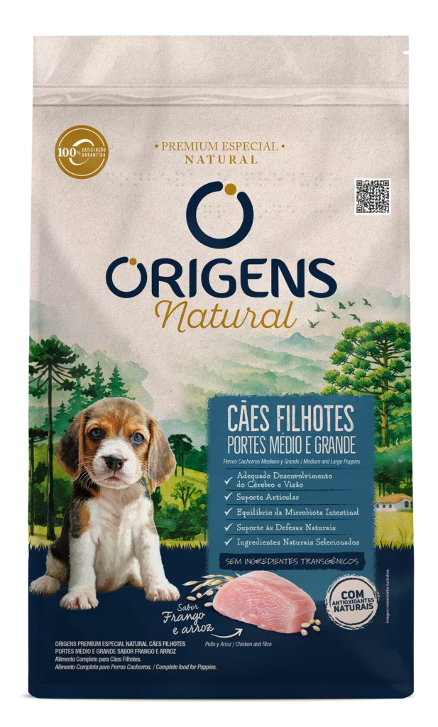 Embalagem de Origens Premium Especial Natural Cães Filhotes Portes Médio e Grande Sabor Frango e Arroz